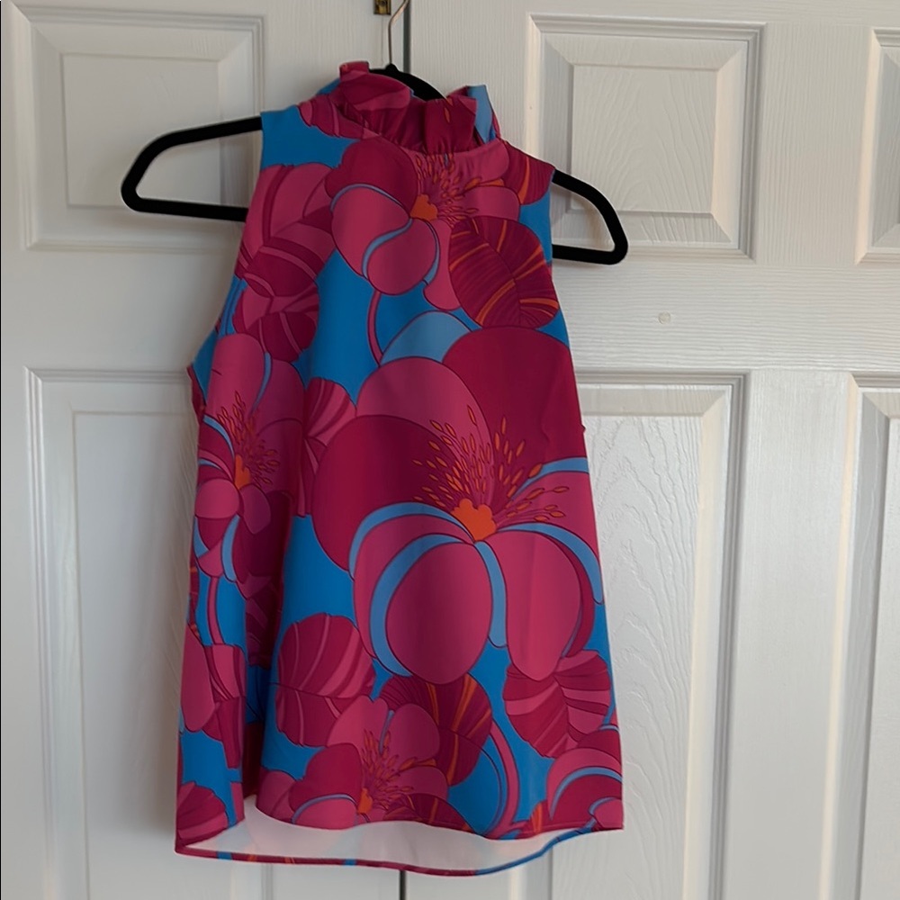 Tuckernuck Pink and Blue Sleeveless Blouse with Mandarin Collar
